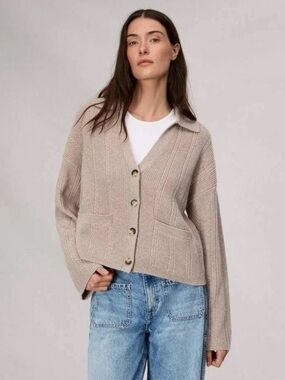 Rag & Bone New York Polo Cardigan 100% Cashmere Ribbed Cable Knit Size S Taupe